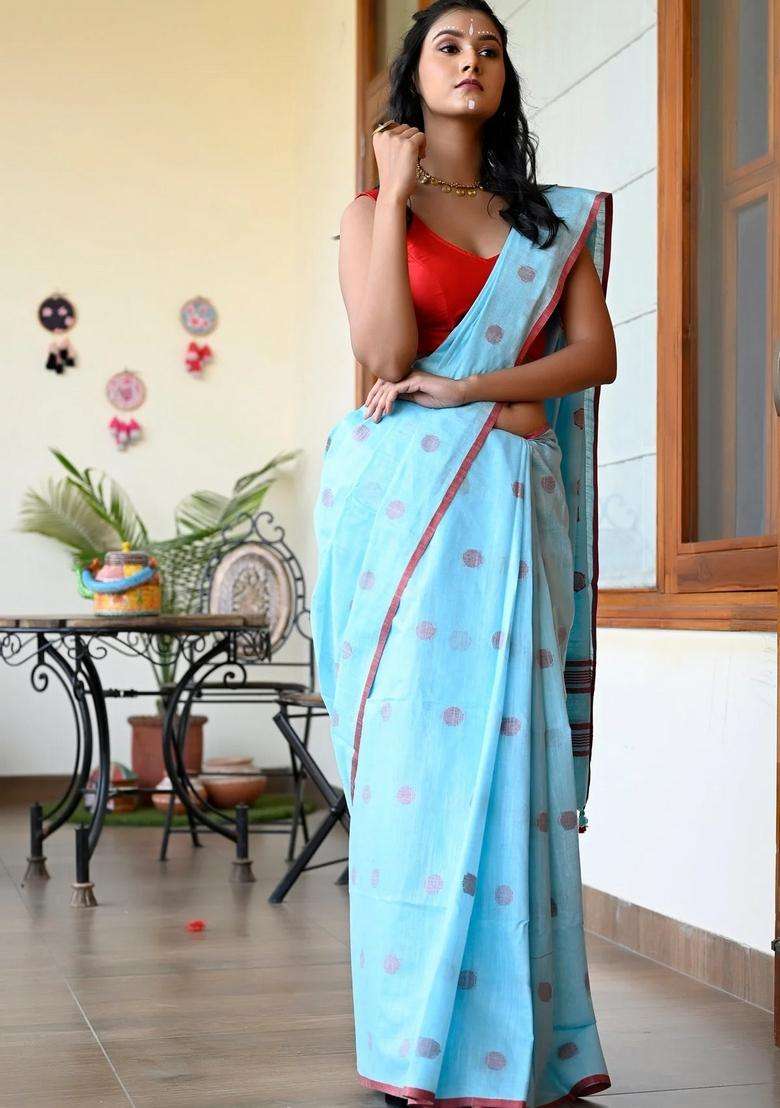 Blue Color Pure Cotton Woven Design Taant Handloom Saree With Traditional Woven Design For Women - Indya