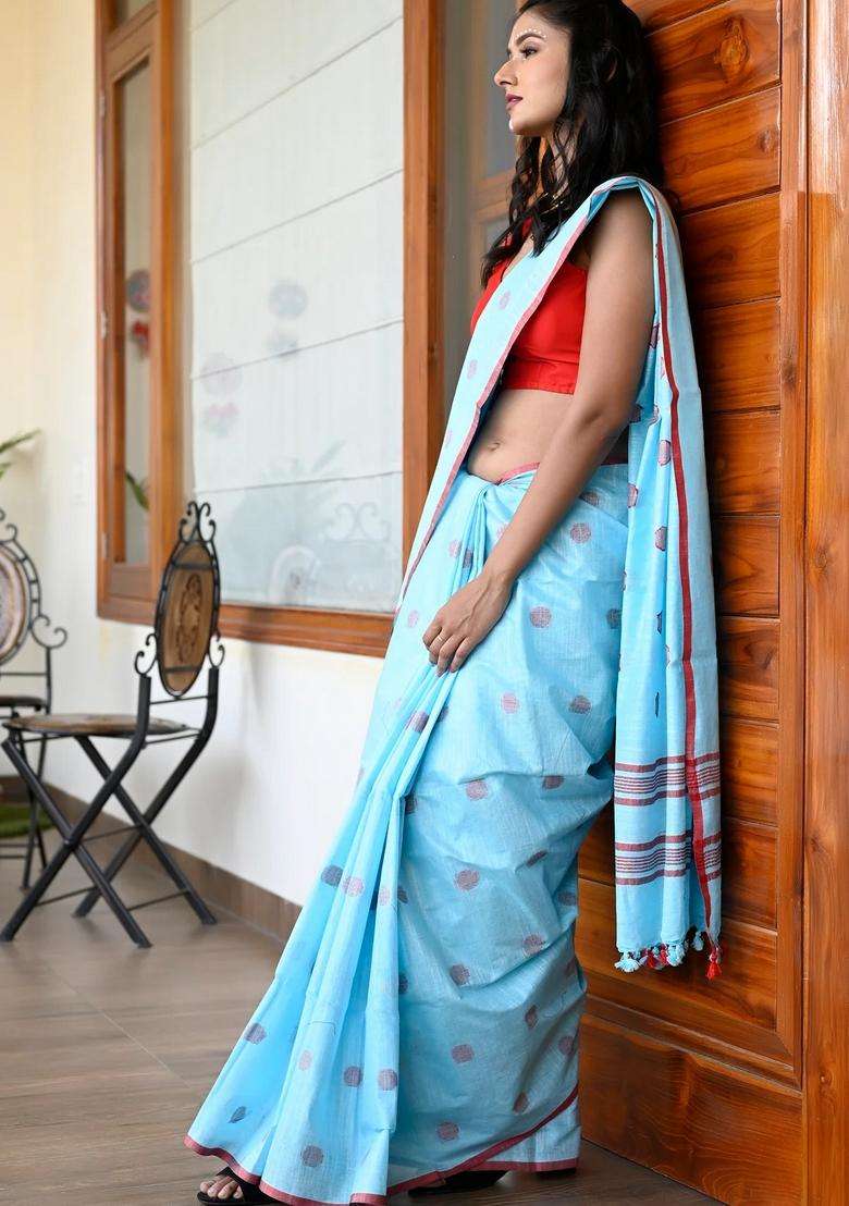 Blue Color Pure Cotton Woven Design Taant Handloom Saree With Traditional Woven Design For Women - Indya