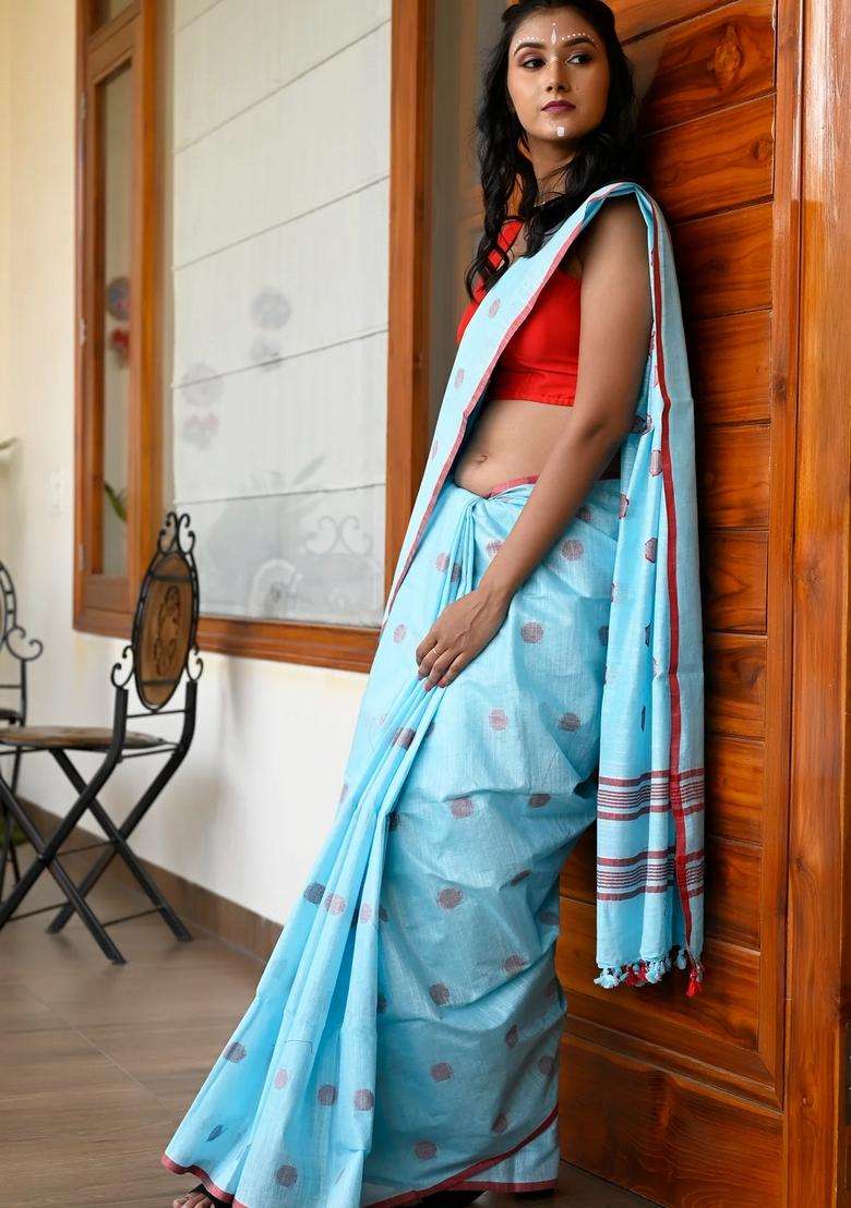 Blue Color Pure Cotton Woven Design Taant Handloom Saree With Traditional Woven Design For Women - Indya