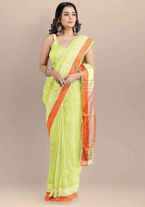 Green Color Silk Cotton Solid Mangalagiri Handloom Saree With Traditional Woven Design For Women