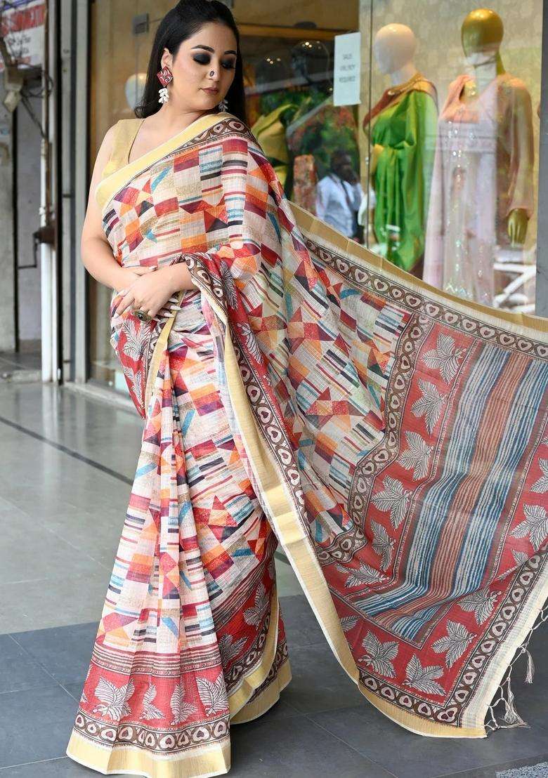 Beige Color Soft Cotton Silk Sarees Digital Print Kalamkari With Printed Design For Women - Indya