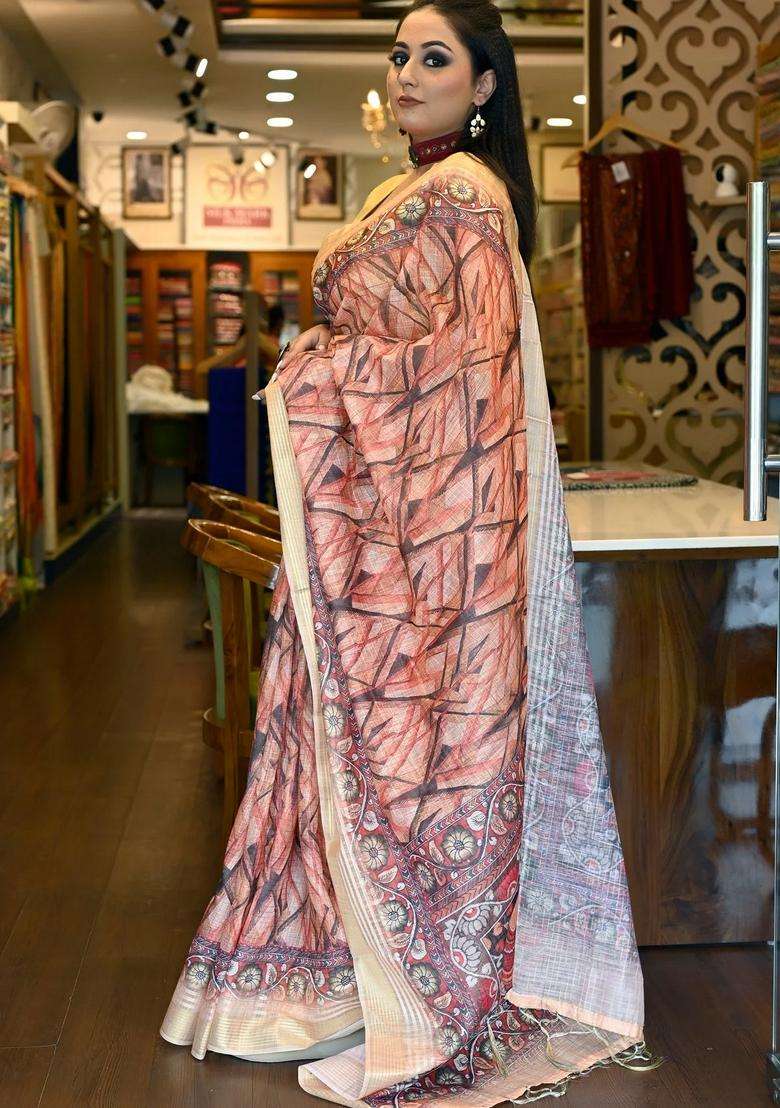 Orange Yellow Soft Cotton Silk Sarees Floral Digital Print Kalamkari With Printed Design For Women - Indya