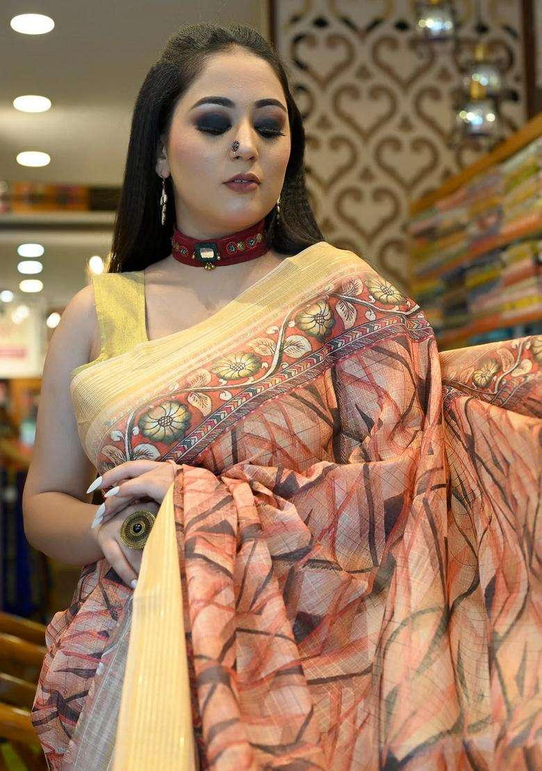 Orange Yellow Soft Cotton Silk Sarees Floral Digital Print Kalamkari With Printed Design For Women - Indya