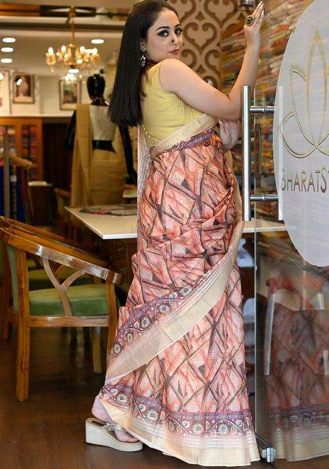 Orange Yellow Soft Cotton Silk Sarees Floral Digital Print Kalamkari With Printed Design For Women