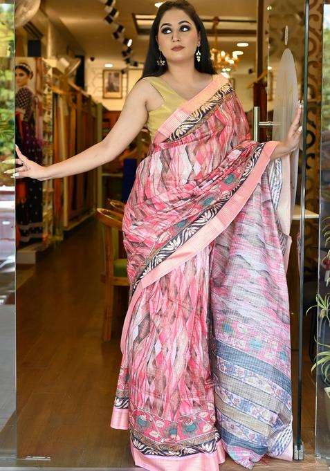 Pink Color Soft Cotton Silk Sarees Floral Digital Print Kalamkari With Printed Design For Women