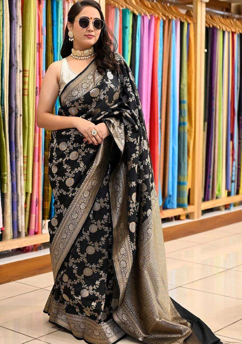 Black Katan Silk Woven Banarasi Silk Saree With Meena Work With Traditional Woven Design For Women - Indya