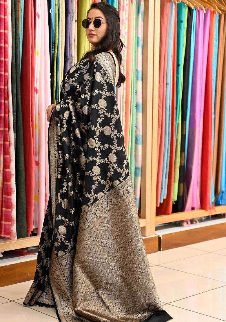 Black Katan Silk Woven Banarasi Silk Saree With Meena Work With Traditional Woven Design For Women - Indya
