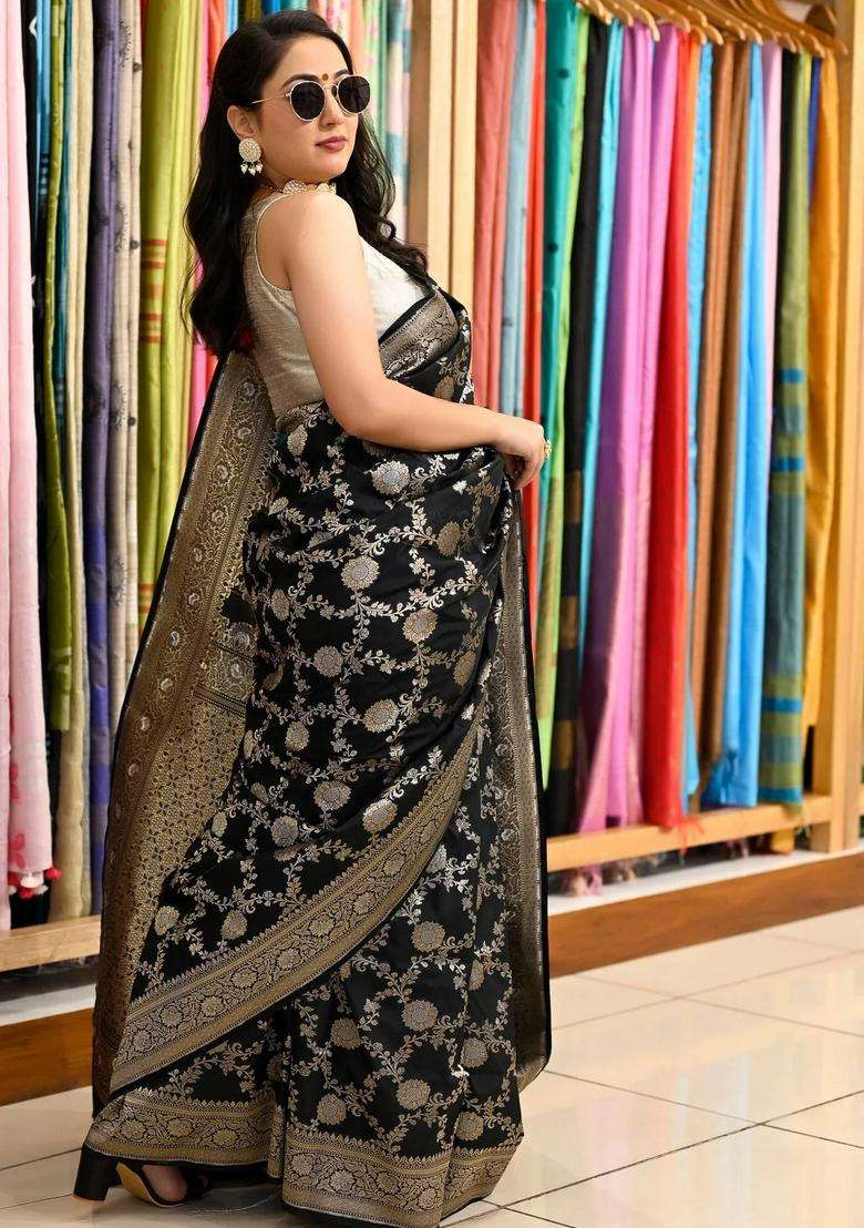 Black Katan Silk Woven Banarasi Silk Saree With Meena Work With Traditional Woven Design For Women - Indya