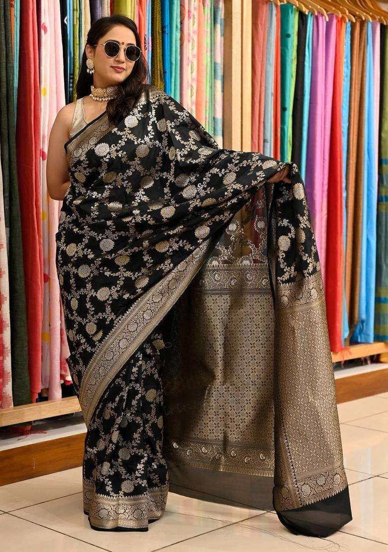 Black Katan Silk Woven Banarasi Silk Saree With Meena Work With Traditional Woven Design For Women - Indya