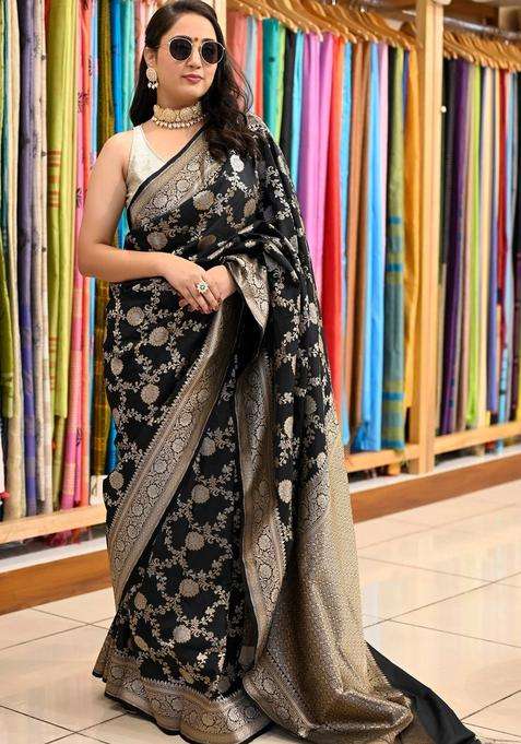 Black Katan Silk Woven Banarasi Silk Saree With Meena Work With Traditional Woven Design For Women
