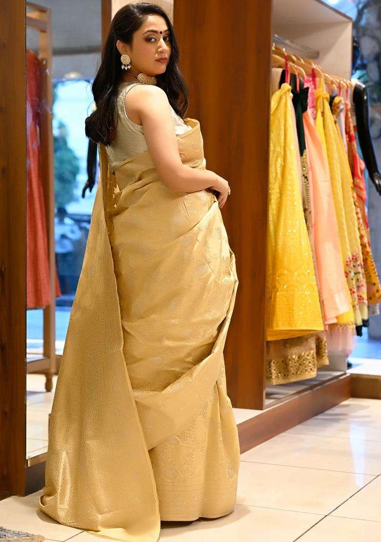Beige Gold Katan Silk Woven Banarasi Silk Saree With Meena Work With Traditional Woven Design For Women - Indya