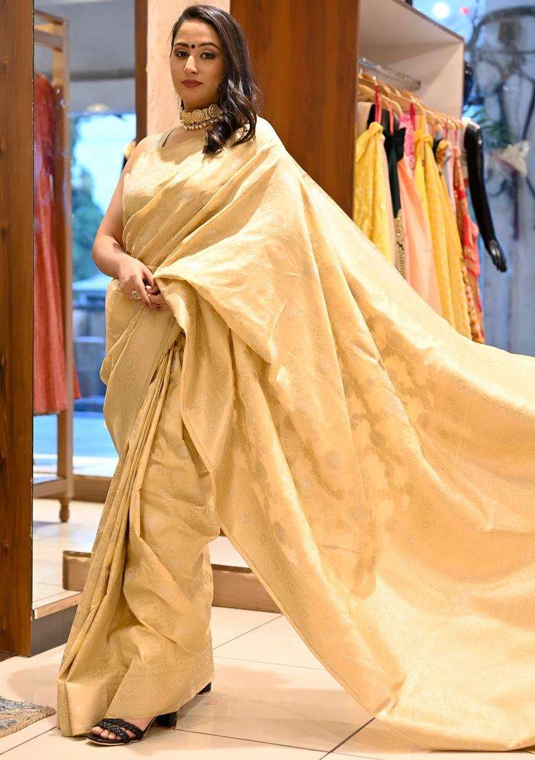 Beige Gold Katan Silk Woven Banarasi Silk Saree With Meena Work With Traditional Woven Design For Women - Indya