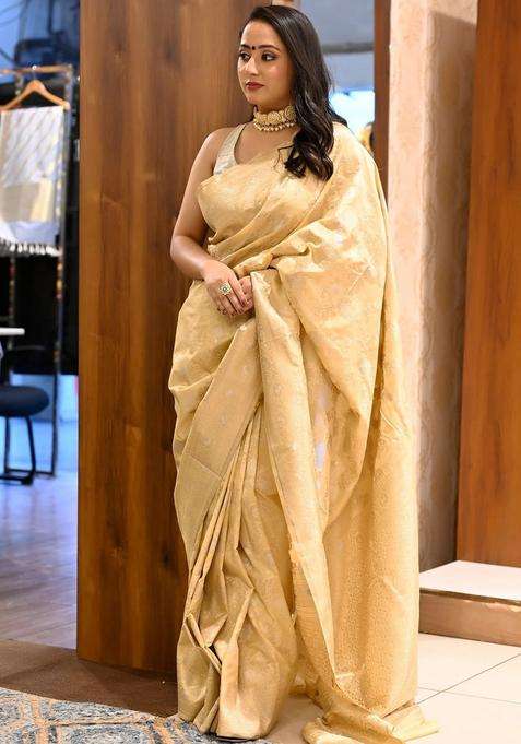Beige Gold Katan Silk Woven Banarasi Silk Saree With Meena Work With Traditional Woven Design For Women