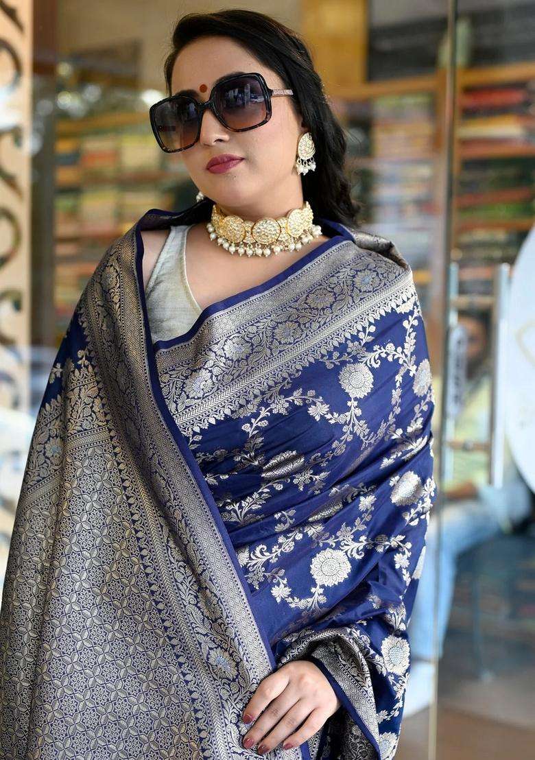 Royal Blue Silk Woven Banarasi Silk Saree With Meena Work And Gold Zari With Traditional Woven Design For Women - Indya