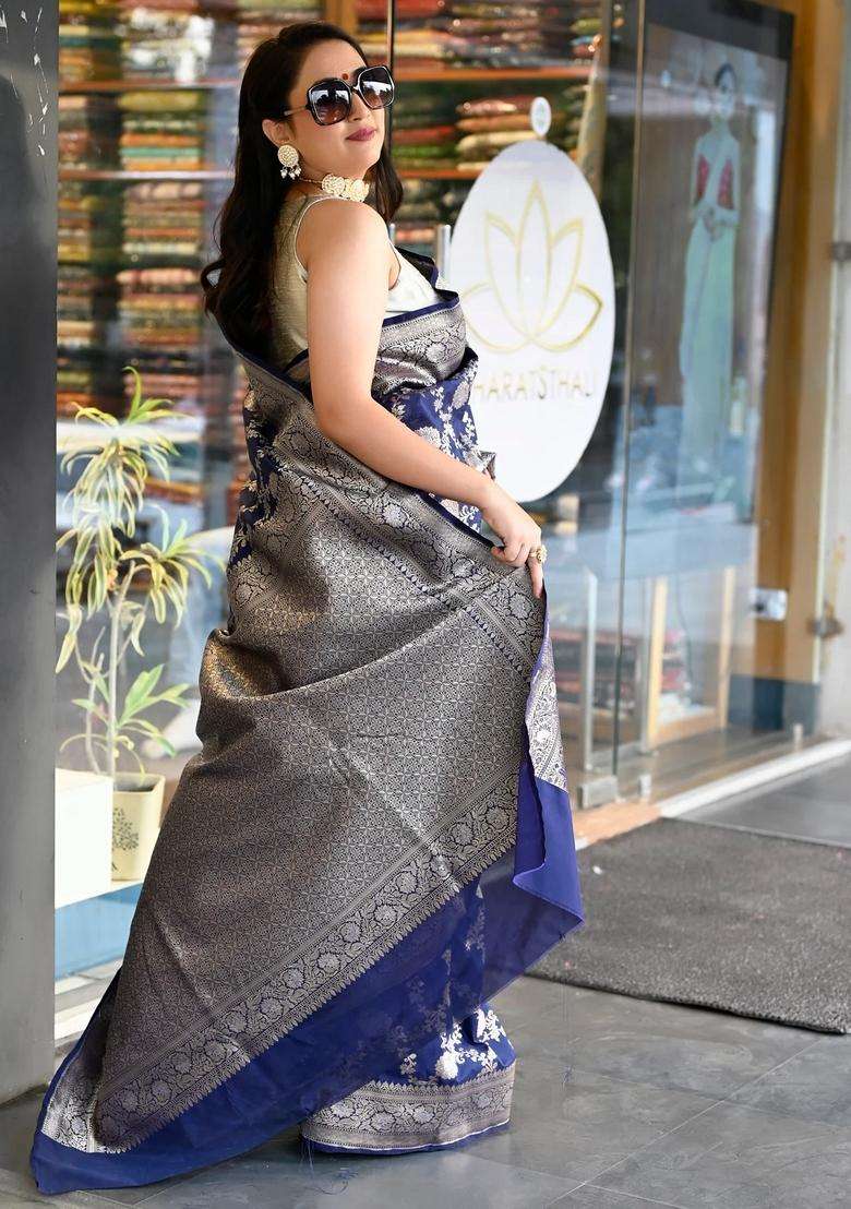 Royal Blue Silk Woven Banarasi Silk Saree With Meena Work And Gold Zari With Traditional Woven Design For Women - Indya