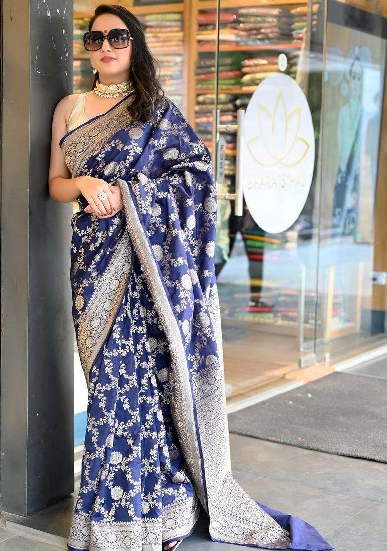 Royal Blue Silk Woven Banarasi Silk Saree With Meena Work And Gold Zari With Traditional Woven Design For Women - Indya