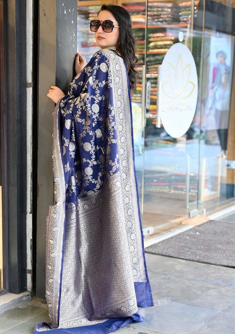 Royal Blue Silk Woven Banarasi Silk Saree With Meena Work And Gold Zari With Traditional Woven Design For Women - Indya