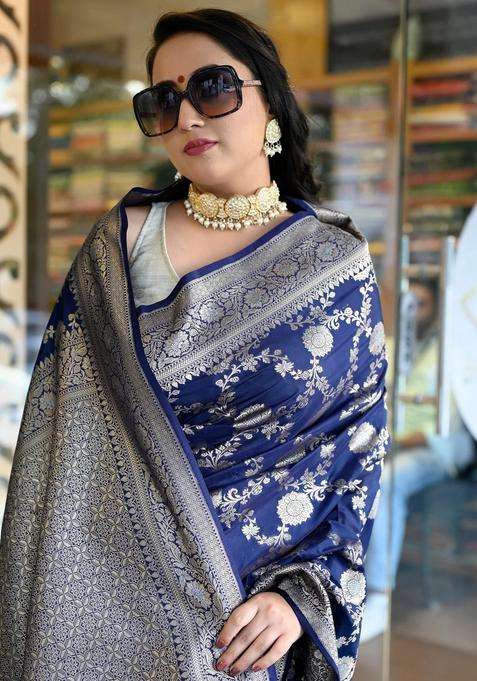 Royal Blue Silk Woven Banarasi Silk Saree With Meena Work And Gold Zari With Traditional Woven Design For Women