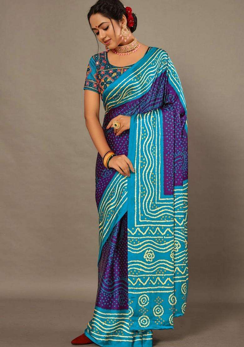 Purple With Blue Bandhej Soft Silk Saree With Hand Work Over Blouse With Traditional Woven Design For Women - Indya