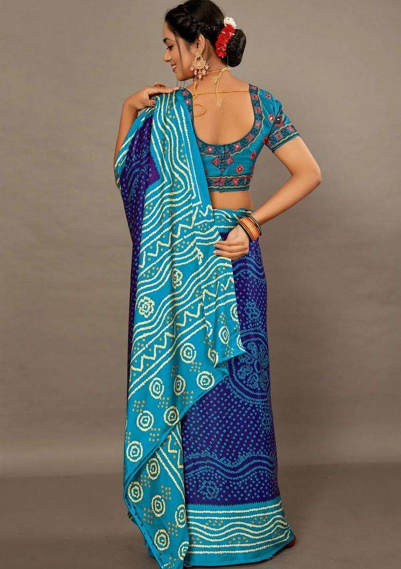 Purple With Blue Bandhej Soft Silk Saree With Hand Work Over Blouse With Traditional Woven Design For Women - Indya