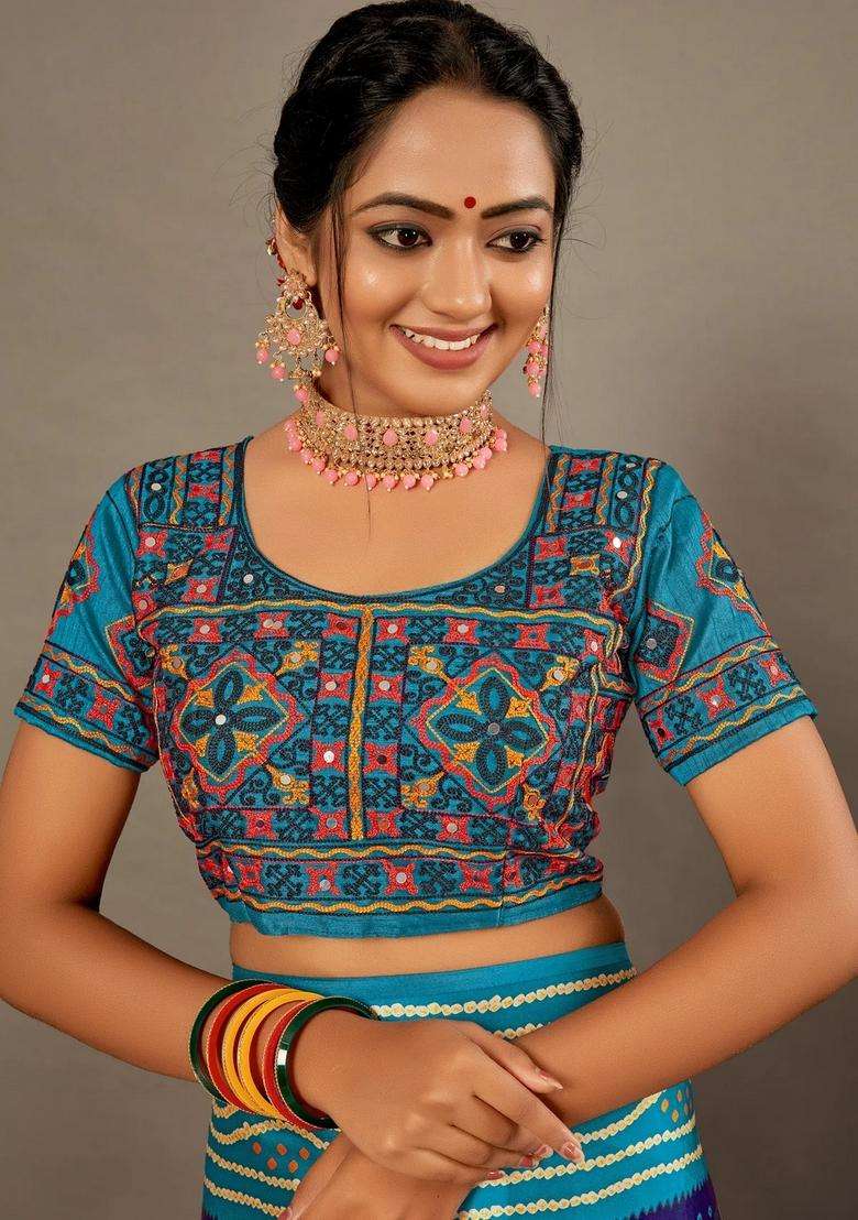 Purple With Blue Bandhej Soft Silk Saree With Hand Work Over Blouse With Traditional Woven Design For Women - Indya