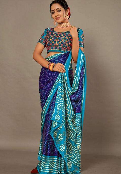 Purple With Blue Bandhej Soft Silk Saree With Hand Work Over Blouse With Traditional Woven Design For Women
