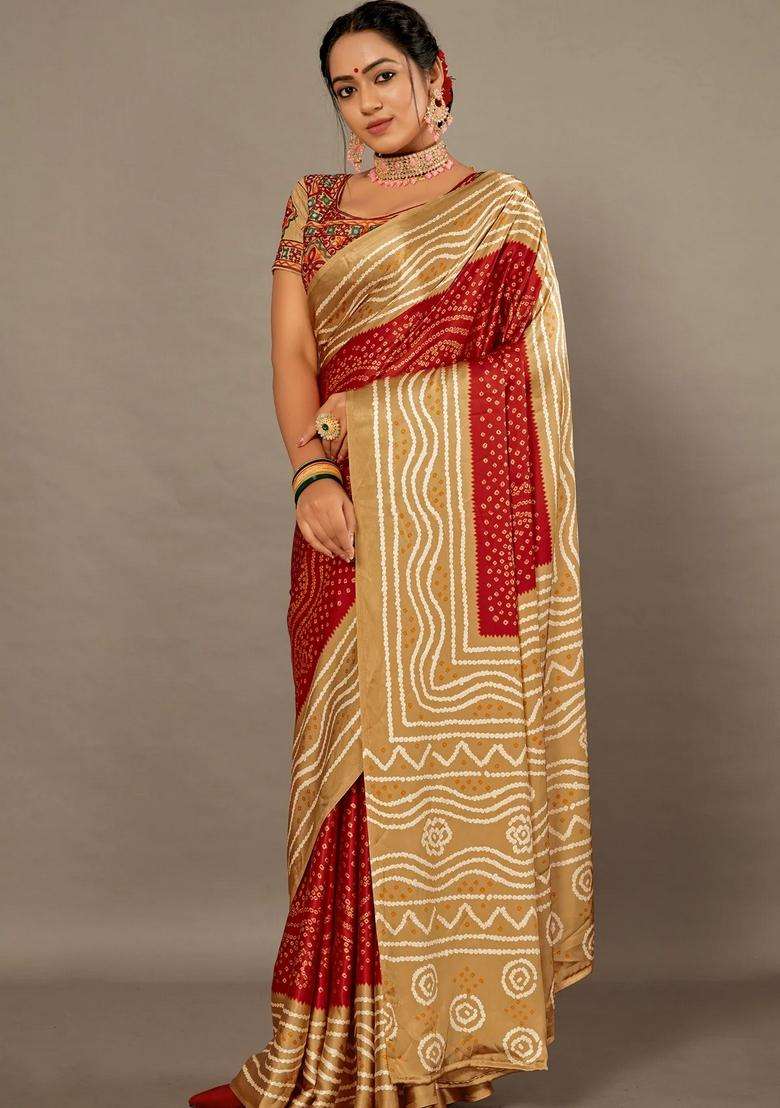 Red With Green Bandhej Soft Silk Saree With Hand Work Over Blouse With Traditional Woven Design For Women - Indya