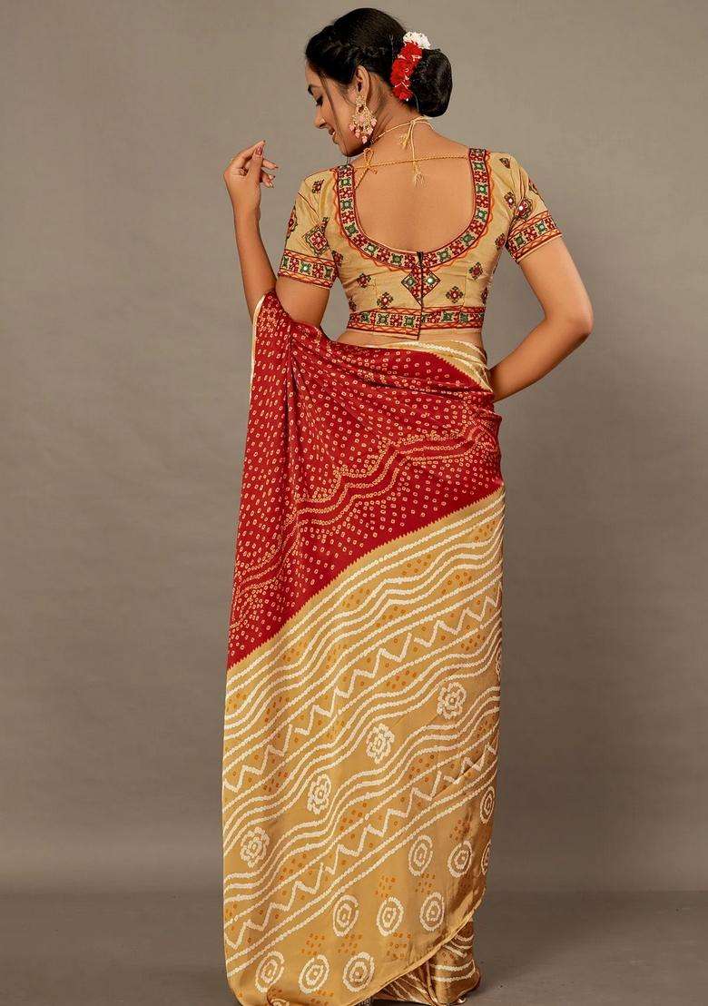 Red With Green Bandhej Soft Silk Saree With Hand Work Over Blouse With Traditional Woven Design For Women - Indya