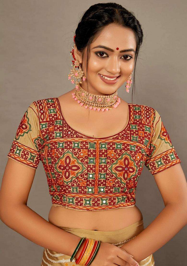 Red With Green Bandhej Soft Silk Saree With Hand Work Over Blouse With Traditional Woven Design For Women - Indya