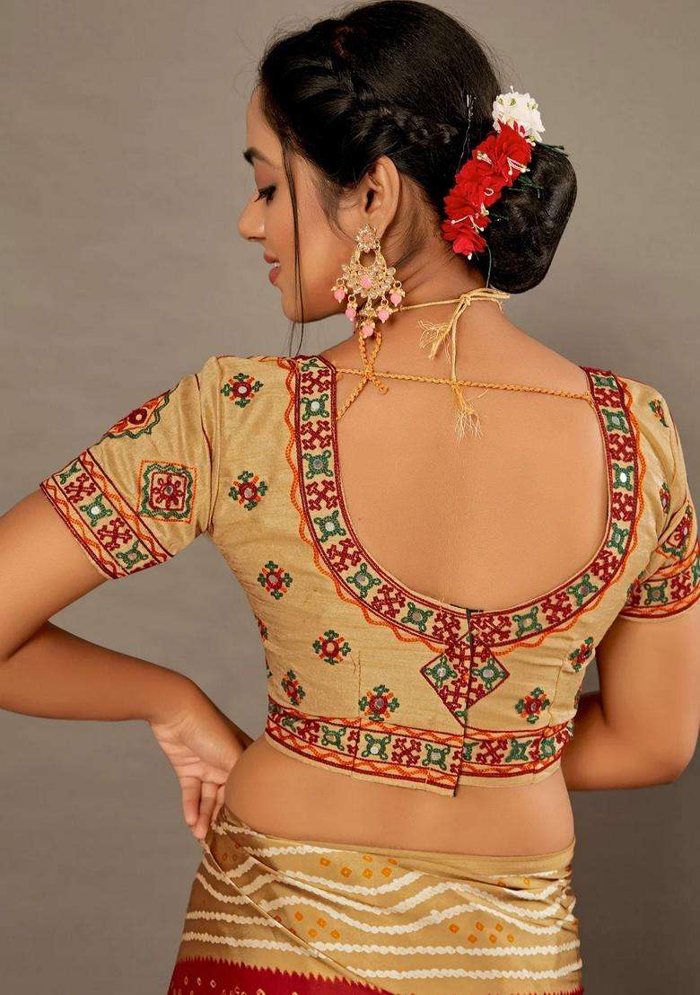 Red With Green Bandhej Soft Silk Saree With Hand Work Over Blouse With Traditional Woven Design For Women - Indya
