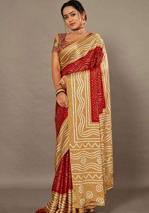Red With Green Bandhej Soft Silk Saree With Hand Work Over Blouse With Traditional Woven Design For Women