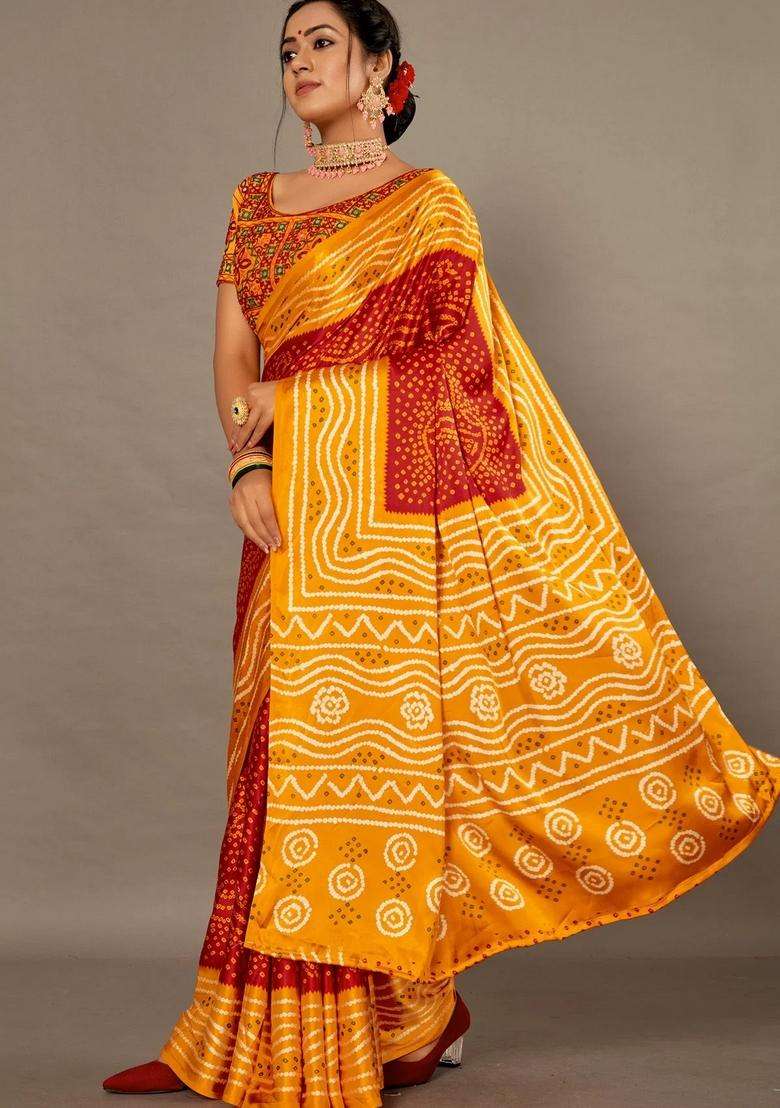 Yellow With Red Bandhej Soft Silk Saree With Hand Work Over Blouse With Traditional Woven Design For Women - Indya