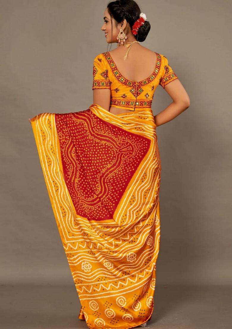 Yellow With Red Bandhej Soft Silk Saree With Hand Work Over Blouse With Traditional Woven Design For Women - Indya