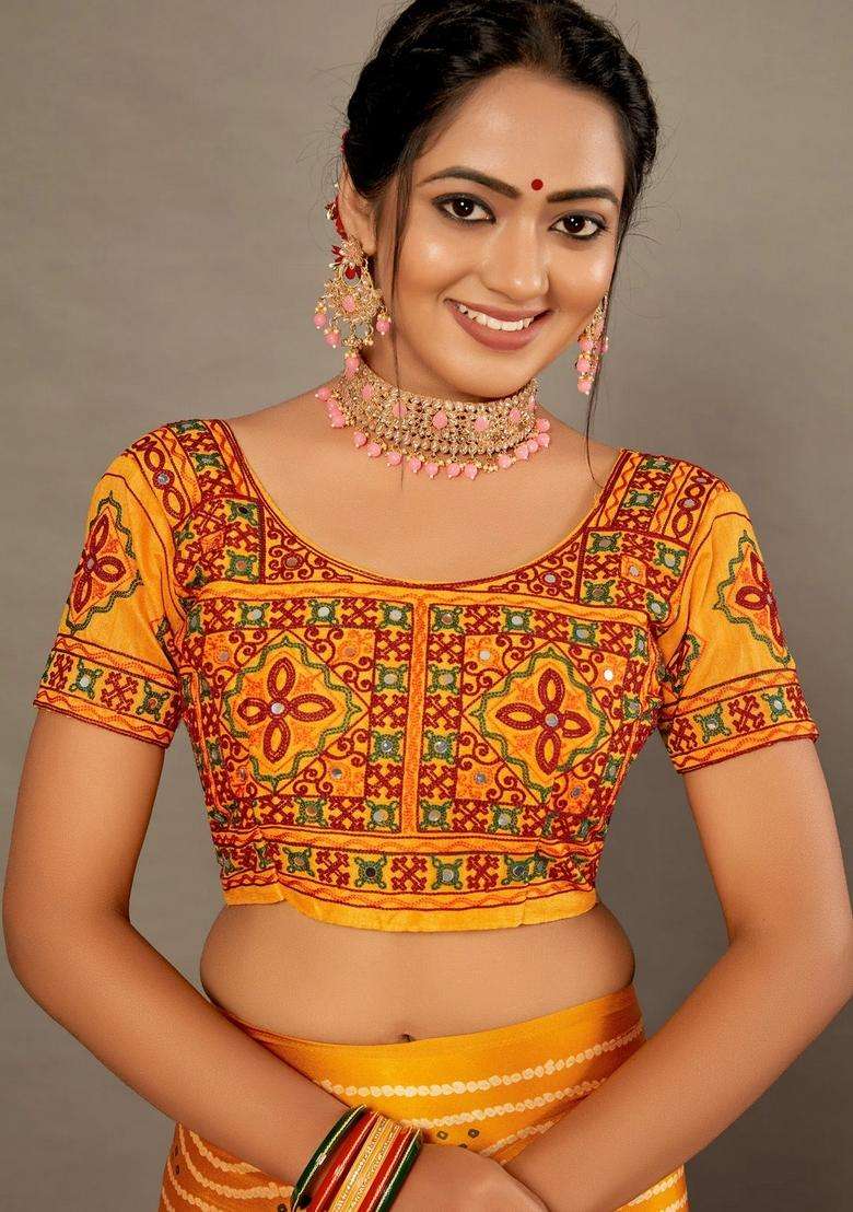 Yellow With Red Bandhej Soft Silk Saree With Hand Work Over Blouse With Traditional Woven Design For Women - Indya