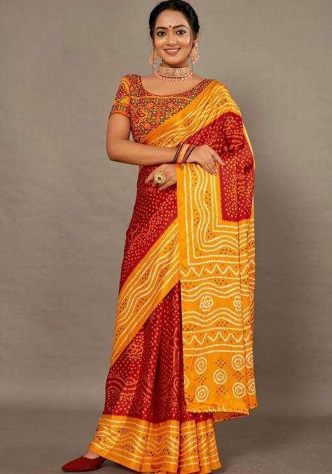 Yellow With Red Bandhej Soft Silk Saree With Hand Work Over Blouse With Traditional Woven Design For Women
