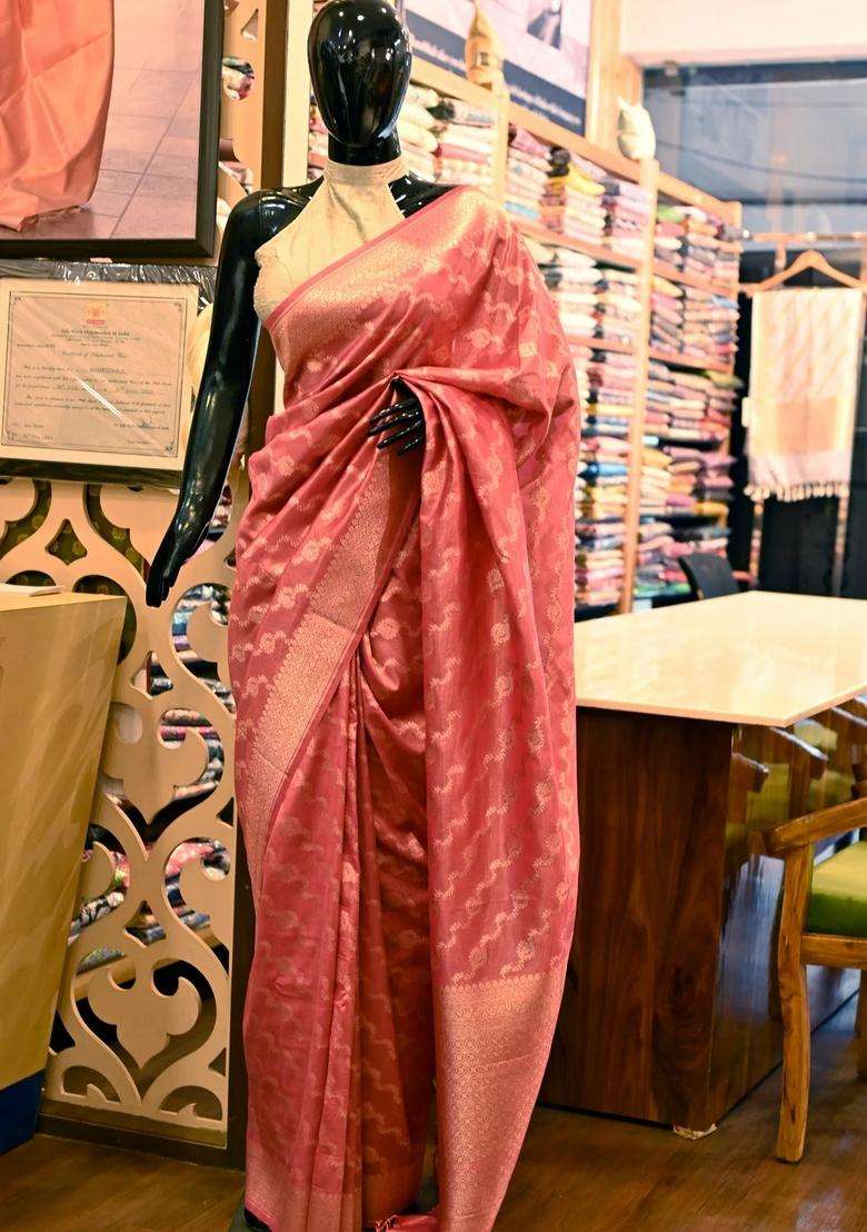Onion Pink Color Pure Banarasi Tissue Saree Katan Work Handloom With Traditional Woven Design For Women - Indya