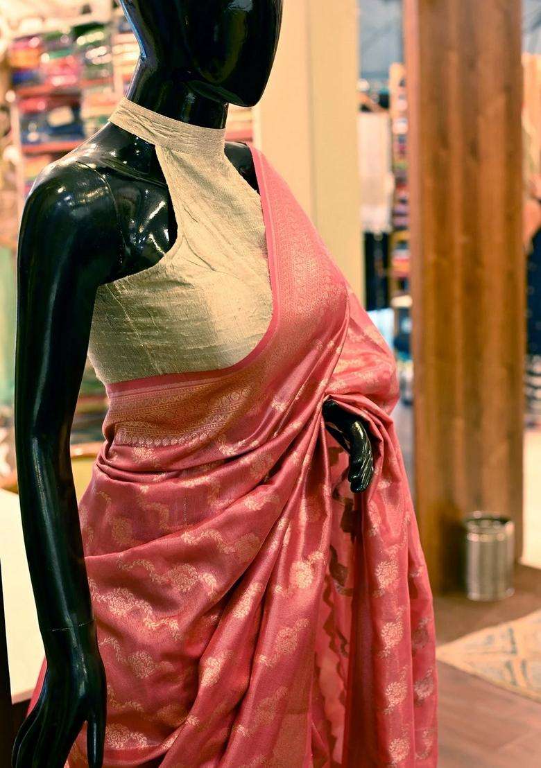 Onion Pink Color Pure Banarasi Tissue Saree Katan Work Handloom With Traditional Woven Design For Women - Indya