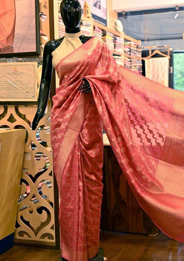 Onion Pink Color Pure Banarasi Tissue Saree Katan Work Handloom With Traditional Woven Design For Women - Indya