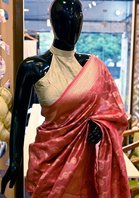 Onion Pink Color Pure Banarasi Tissue Saree Katan Work Handloom With Traditional Woven Design For Women
