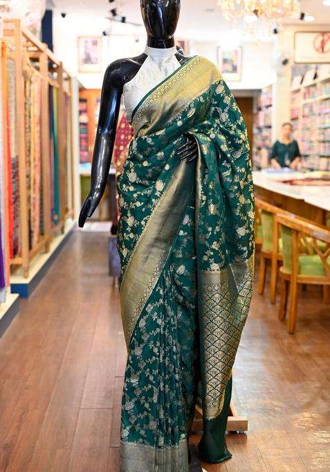 Bottle Green Pure Banarasi Katan Silk Saree With Richness Of Zari With Traditional Woven Design For Women