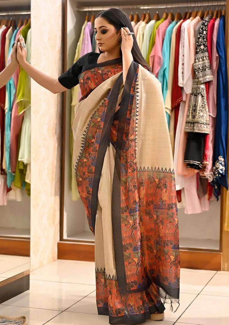 Beige With Black Saree With Kalamkari Prints Bengali Silk Saree With Printed Design For Women - Indya