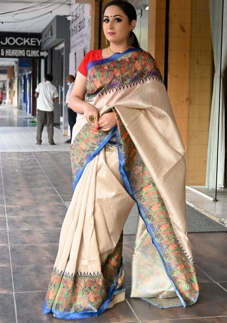 Beige With Blue Saree With Kalamkari Prints Bengali Silk Saree With Printed Design For Women - Indya