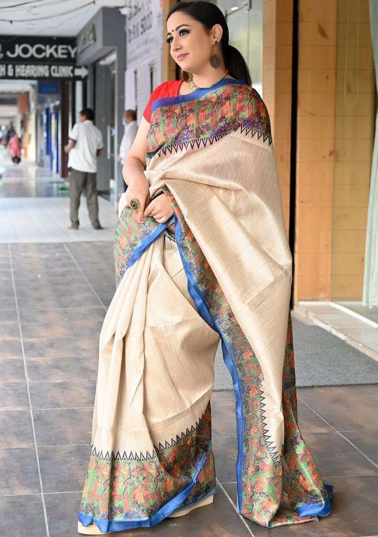 Beige With Blue Saree With Kalamkari Prints Bengali Silk Saree With Printed Design For Women - Indya