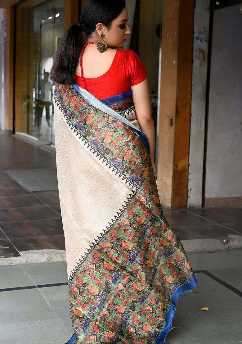 Beige With Blue Saree With Kalamkari Prints Bengali Silk Saree With Printed Design For Women - Indya