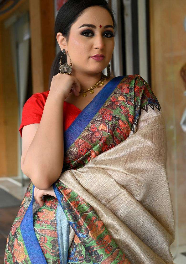 Beige With Blue Saree With Kalamkari Prints Bengali Silk Saree With Printed Design For Women - Indya