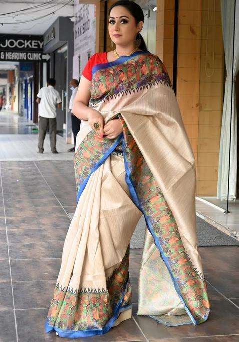 Beige With Blue Saree With Kalamkari Prints Bengali Silk Saree With Printed Design For Women