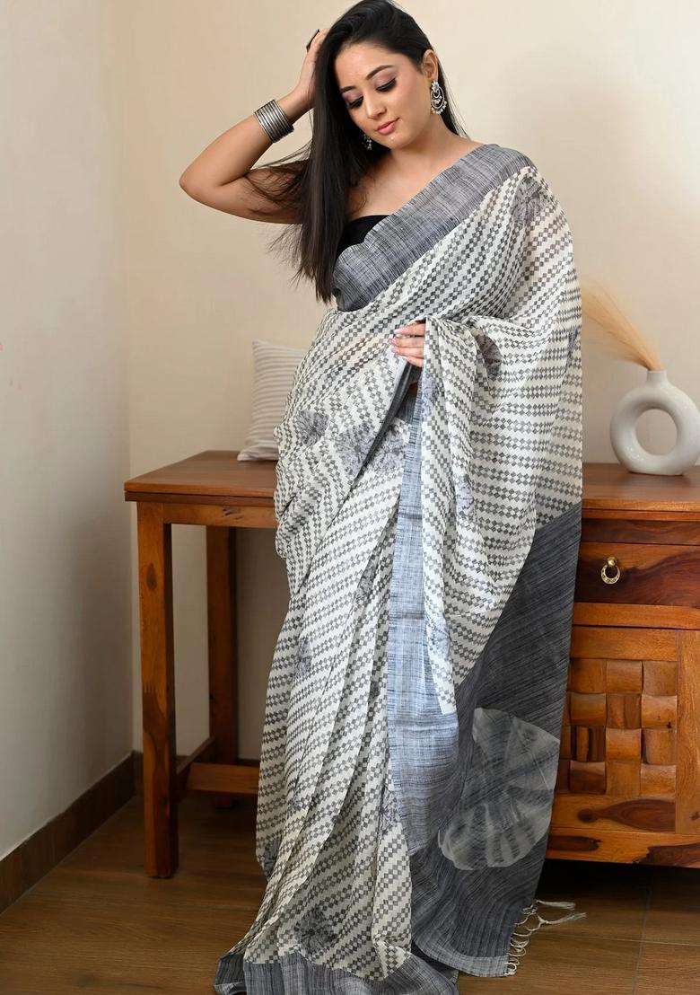 Cream Grey Linen Saree With Digital Print With Printed Design For Women - Indya