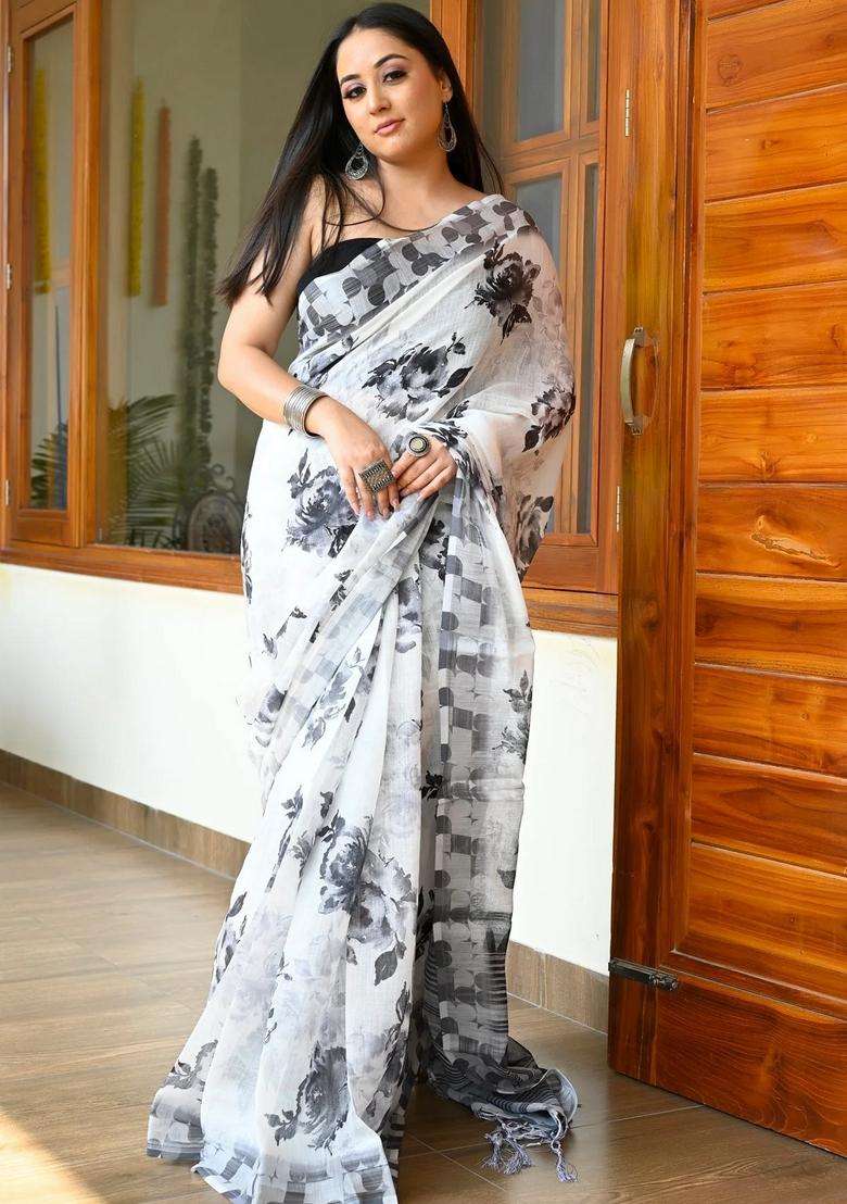 Cream With Black Linen Saree With Digital Floral Print With Printed Design For Women - Indya