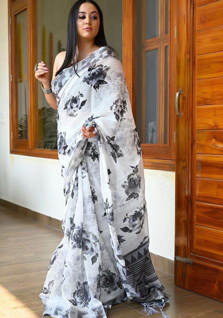 Cream With Black Linen Saree With Digital Floral Print With Printed Design For Women - Indya