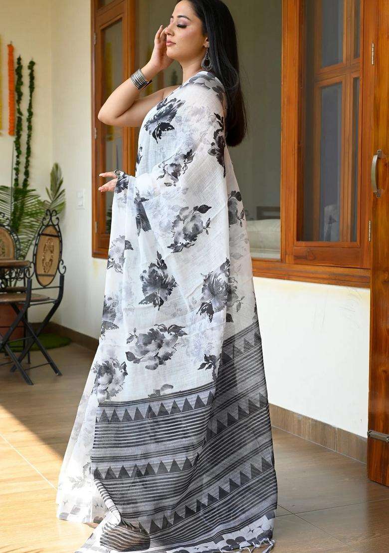 Cream With Black Linen Saree With Digital Floral Print With Printed Design For Women - Indya